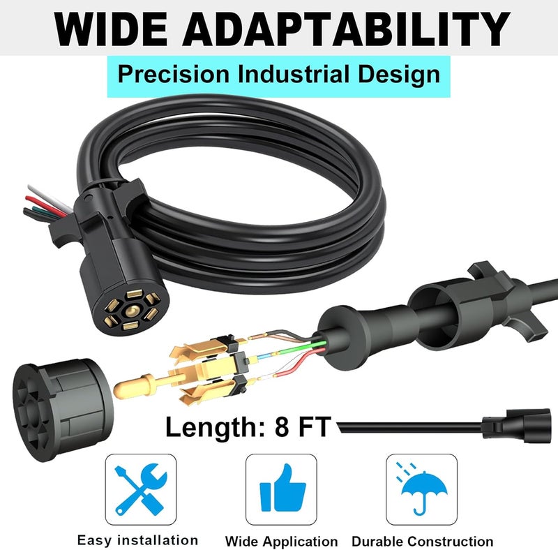 CXTM 7 Way Trailer Cord, Heavy Duty 7 Way Trailer Plug Inline Cord Wire Harness Cable Double Prongs Connector 7 pin Trailer Wiring Harness 8 Feet for Camper Blade Molded RV Cable Wire(8ft) - Image 4